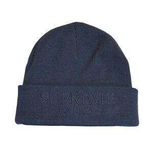 NWT Supreme‎ Paris Tonal Logo Beanie Hat Menswear Knit Navy Blue Authentic SS19